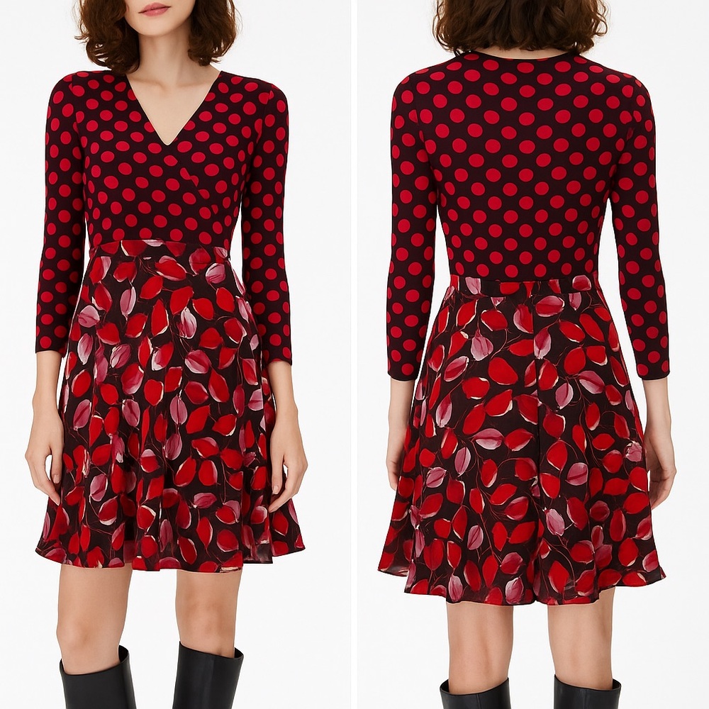 Diane Von Furstenberg Red and Black Fit and Flare Dress with V-Neck